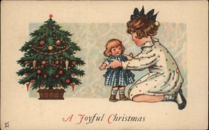 Christmas Little Girl with Beautiful Antique Baby Doll Vintage Postcard