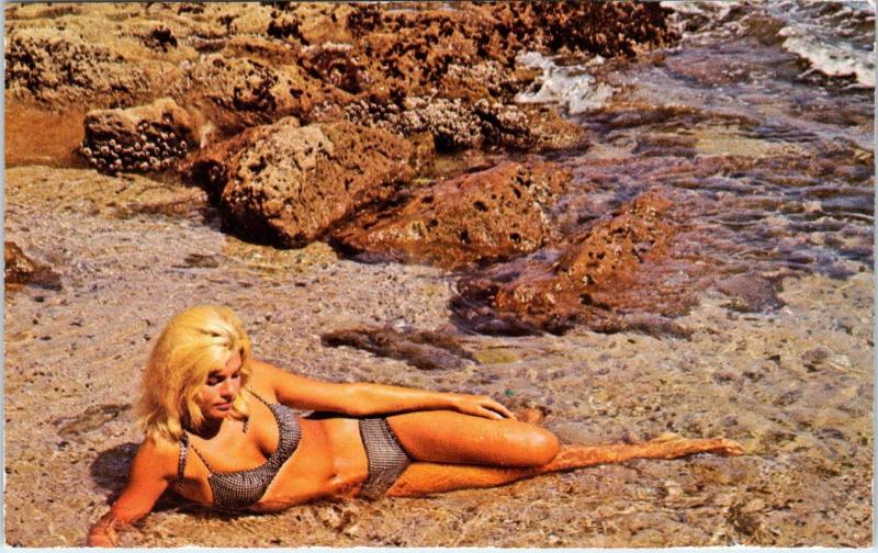 LAGUNA BEACH, CA California     SEXY BLONDE in Water    c1960s      Postcard