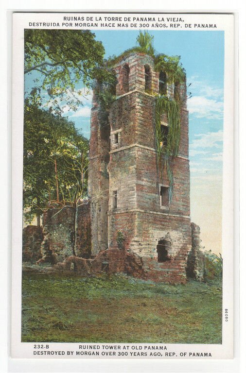 Tower Ruined by Captain Morgan Raid Old Panama 1920s postcard