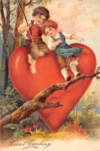 Valentine's Day Love's Greeting, Children W/ Giant Heart, Embossed, PC U8928