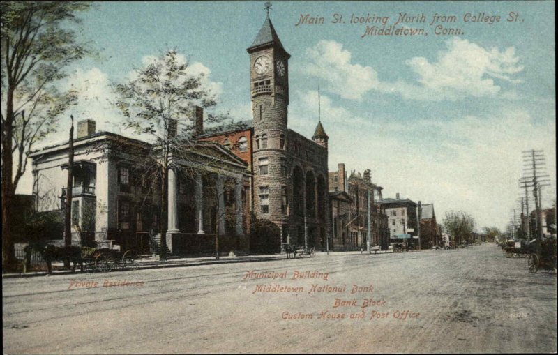 Middletown Connecticut CT Main Street Clock Tower c1910 Vintage Postcard