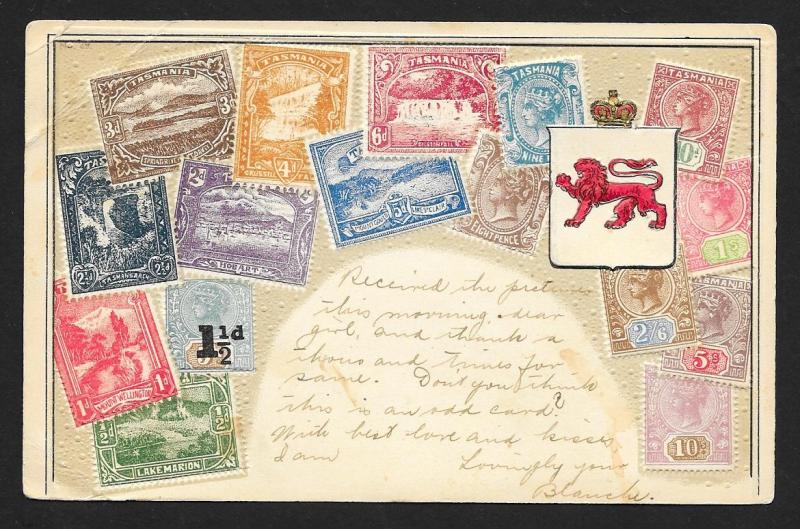 TASMANIA Stamps on Postcard Embossed Shield Used c1907