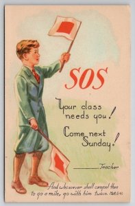 SOS Sunday School Class Needs You Boy With Flags Postcard G24
