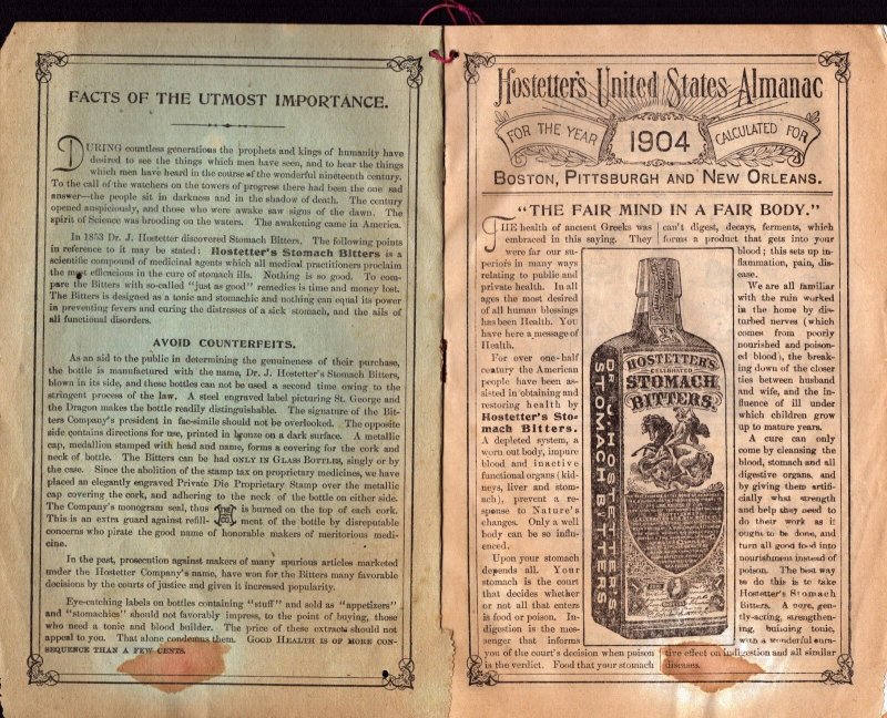 1904 Hostetter's Almanac  Farmers  Planters  Miners  Booklet   8 x 5