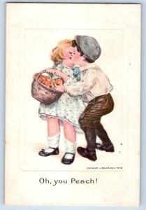 Baumann Signed Postcard Children Little Sweetheart Kissing Peach Basket c1910's