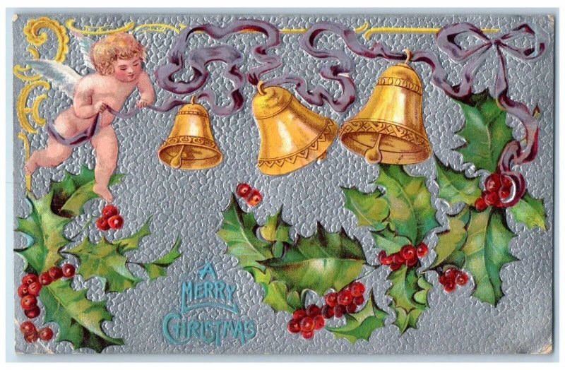 1909 Christmas Angel Ringing Bells Holly Berries Embossed Antique Postcard 