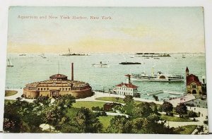 NY Aquarium and New York Harbor Goddess of Liberty in Distance 1908 Postcard I19