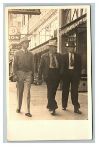 Vintage 1939 RPPC Postcard - Three Men Walking Down Street Hot Springs Arkansas 