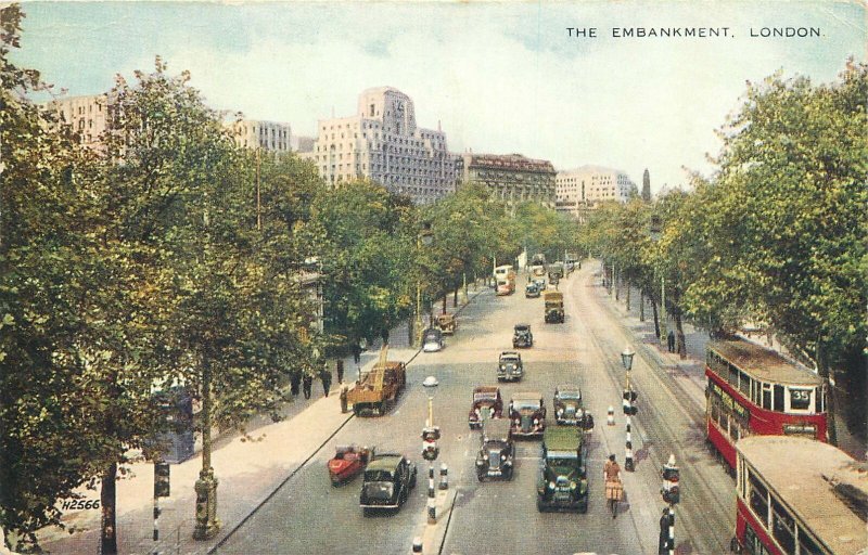 Postcard UK London tram carriage bus double deck barge Embankment