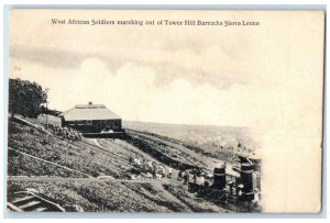 c1905 West African Soldiers Marching Out Barracks Sierra Leone Postcard