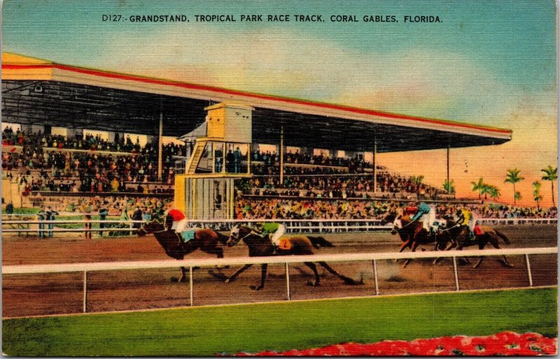 Vtg Coral Gables Florida FL Grandstand Tropical Park Race Track 1940s Postcard
