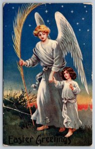 Angel Leading Child, Antique 1911 Easter Greetings Postcard Broken Circle Cancel