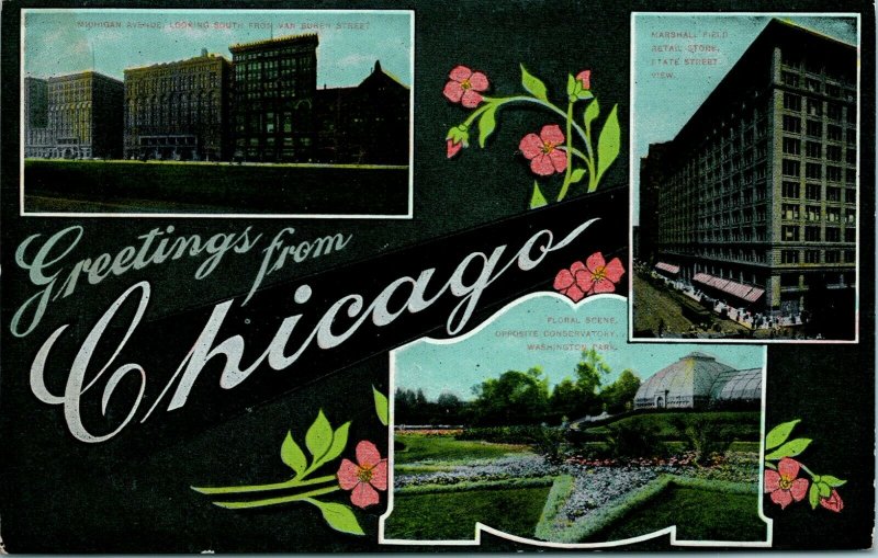 1910s Voeux De Chicago Illinois Carte Postale Grand Lettre / Vues Multiples -