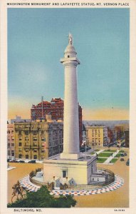 Baltimore MD, Maryland - Washington Monument and Lafatyette Statue - Linen