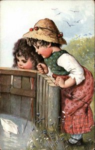 Adorable Children Cute Kids Play with Toy Boat c1910 Vintage Postcard