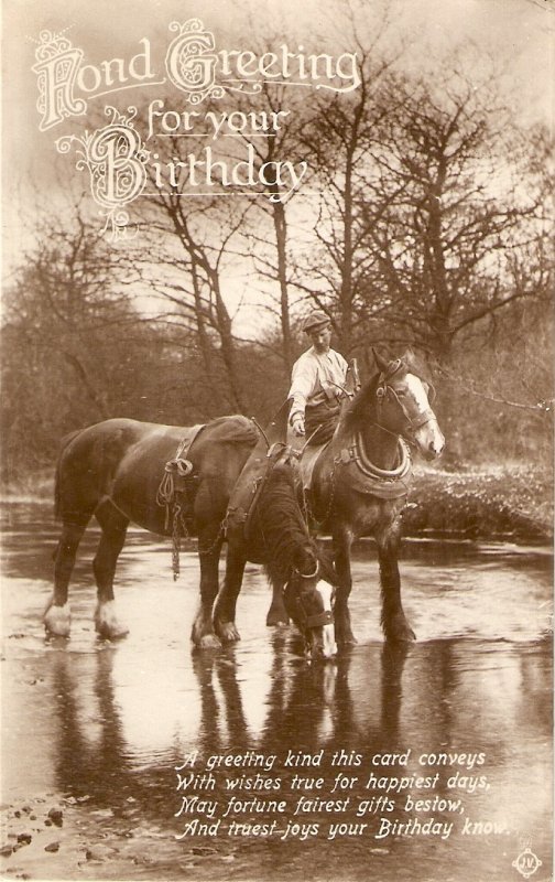 Horseman with horses in river Old vintage English Birthday  PC