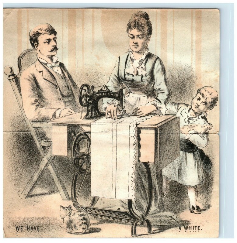 1870's-80's Metamorphic White Sewing Machine Comical Family Folder Trade Card *D
