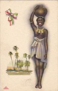 Topless African Woman Carrying Water Jug On Head