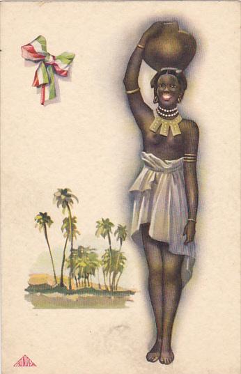 Topless African Woman Carrying Water Jug On Head