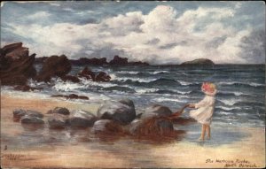 Tuck North Berwick Harbour Rocks Little Girl on Stormy Waves c1910 Postcard