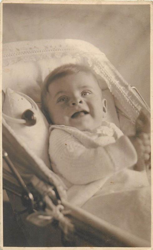 Vintage children topic photo postcard baby cart