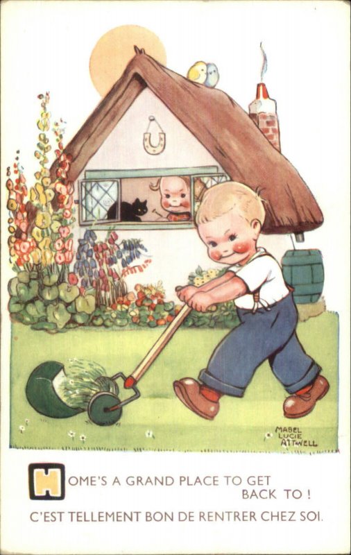 Mabel Lucie Attwell LITTLE BOY MOWING LAWN Postcard