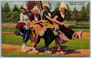 Vtg Holland Michigan MI Tulip Time Festival Dutch Girls Klomp Clogs Postcard
