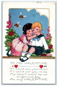 1922 Valentine Children And Bees Flowers Embossed Posted Antique Postcard