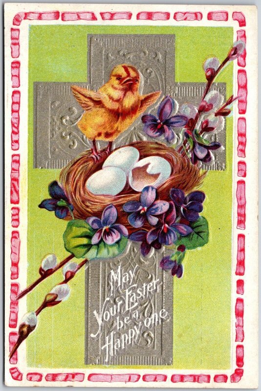 Easter Greetings Chick & Egg In Nest Violet Flowers Crucifix Postcard