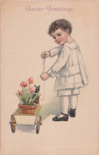 Easter Young Boy Pulling Wagon With Flowers