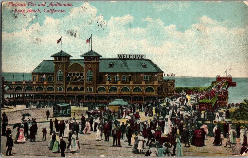 Pleasure Pier and Auditorium Long Beach CA c1916 Vintage Postcard F63