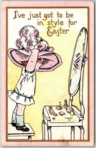 1914 Little Girl Facing in the Mirror Big Hat Easter Greetings Posted Postcard