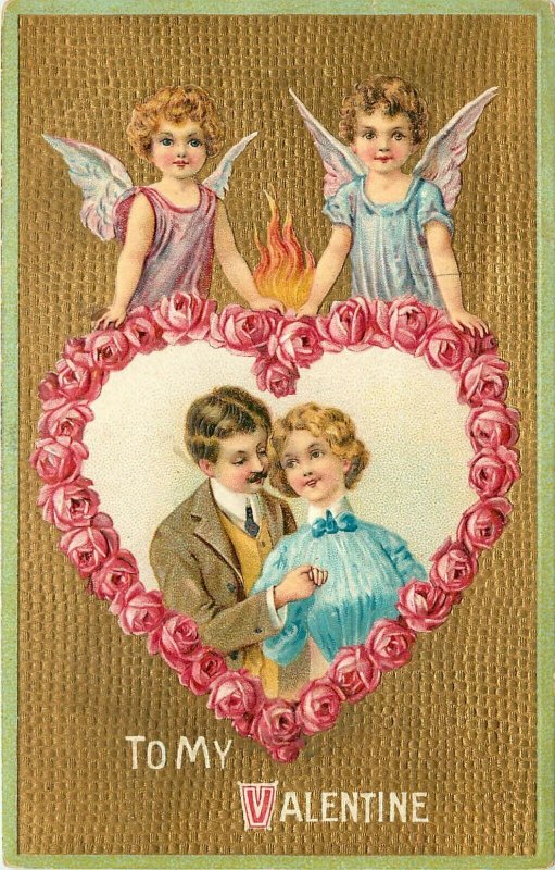 Embossed Valentine Postcard 668 Cupids, Loving Couple in Rose Vignette