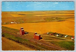 Harvest In Saskatchewan, Grain Elevators, Chrome Aerial View Postcard #1