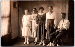 Five Siblings Stand to Get Portrait Taken,  Formal Dress - Vintage Postcard