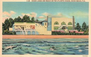 Vintage Postcard 1930's Lodge And Beach On The Atlantic Ocean Cocoa Beach FLA
