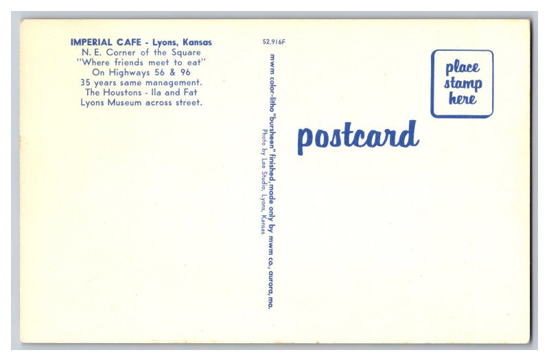 Postcard KS Imperial Cafe Lyons Kansas Vintage Standard Interior View Card 