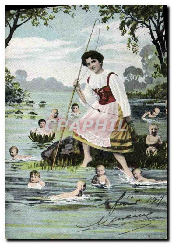 Old Postcard Fun Children Bebe Female Fishing