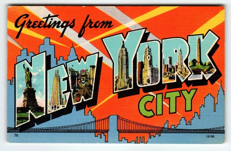 Greetings From New York City NY Large Big Letter Linen Postcard Vintage Green