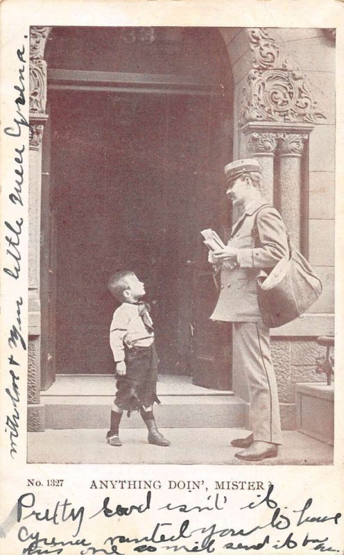 Greetings Boy and Mailman  Delivering Letters Vintage Postcard AA45503