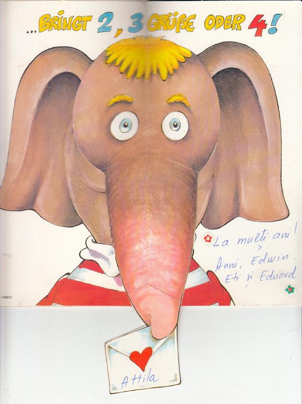 Humour mechanical elephant long trunk caricature birthday greeting card Germany