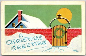 Christmas Gate Holly Wreath Snow Brick Moon Arts Crafts Postcard