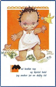 BABY & CHICK ARTIST SIGNED ATTWELL DENMARK STAMP BLACK AMERICANA POSTCARD 1966