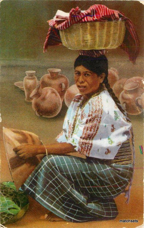 1955 Indian woman buying pottery Guatemala postcard 8702