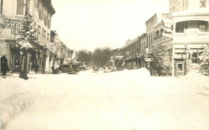 1920s Winter snow street Scene Palace of Sweets Pharmacy Nammacher Doctor RPPC