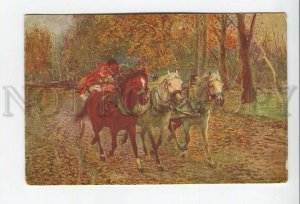 431731 MASLOWSKI Jesienia Autumn Lovers HORSES Troika Vintage POLAND postcard
