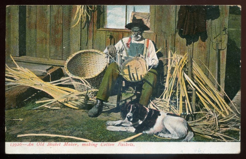 h2375 - BLACK AMERICANA Postcard 1900s Old Basket Maker. Dog