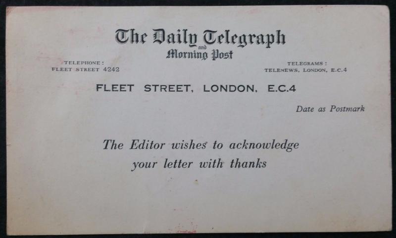 Daily Telegraph Acknowledgement of Letter Postcard, 3d Franked Rate, 1965 