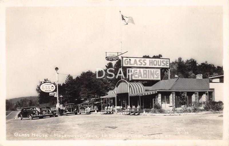 Tennessee TN Postcard RPPC c40s HELENWOOD ESSO Gas Station GLASS HOUSE Cabins