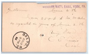 1886 Western National Bank York Pennsylvania PA Baltimore MD Postal Card